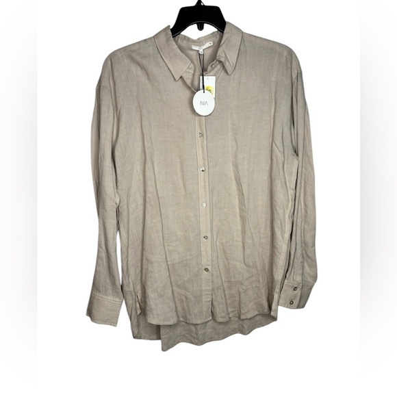 NWT NIA Beige Neutral Oversized Linen Blend Button Down Long Sleeve Top Size Med - Picture 1 of 10